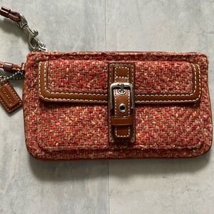 Coach   Vintage  tweed wristlet/wallet Front pocket/buckle  orange /brn. leather